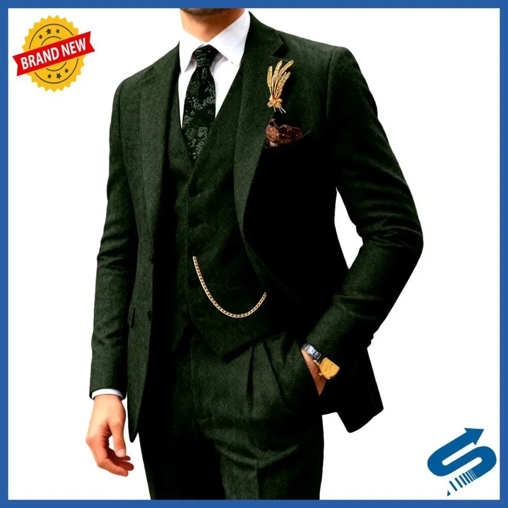 Slim Fit Tweed 3-Piece Suit Set with Vest for Wedding Prom Business